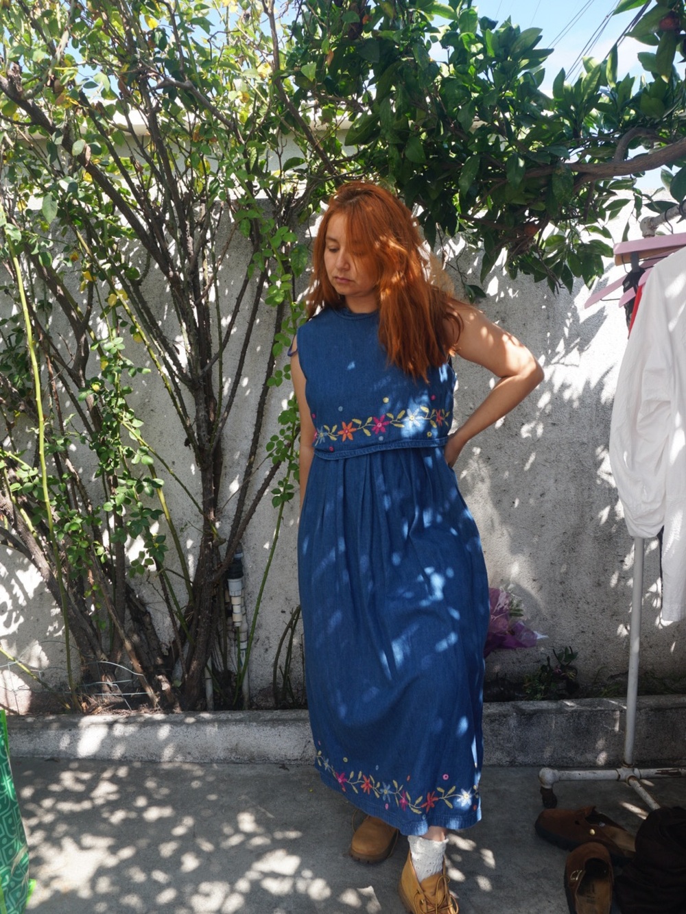 Blue Embroidered Sleeveless Midi Dress - Women's 100% cotton